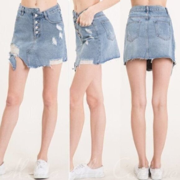 Distressed Denim Button Front Mini Skirt - Picture 1 of 3